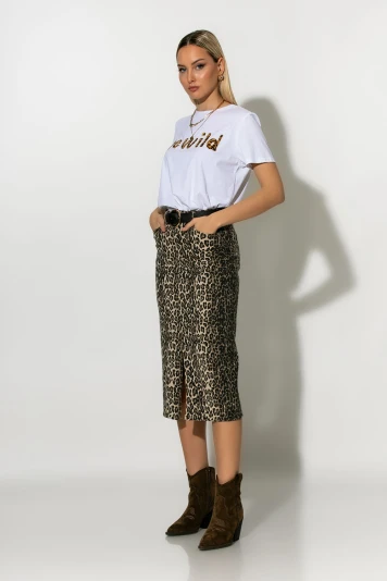 Jean φούστα μίντι leopard print μπεζ