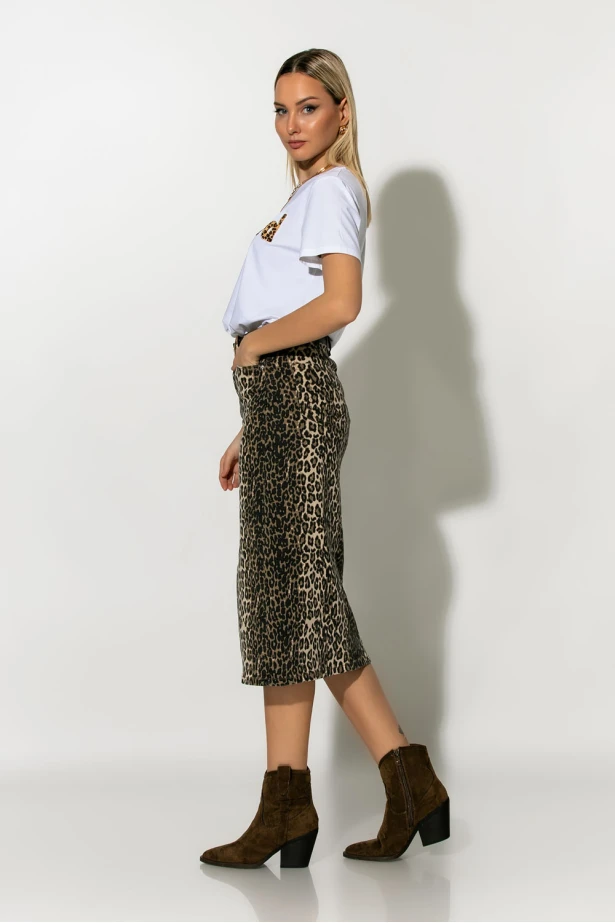 Jean φούστα μίντι leopard print μπεζ