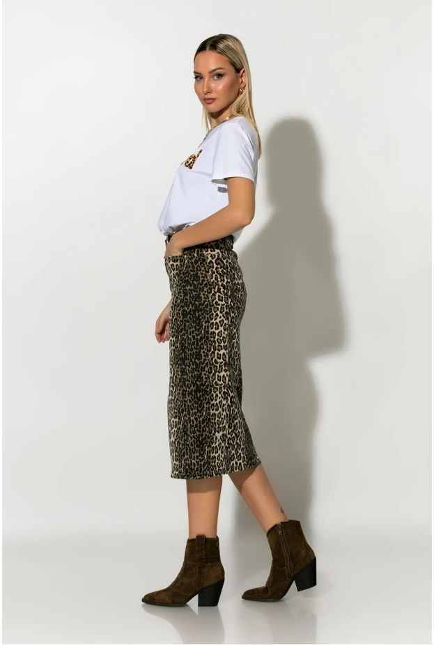 Jean φούστα μίντι leopard print μπεζ