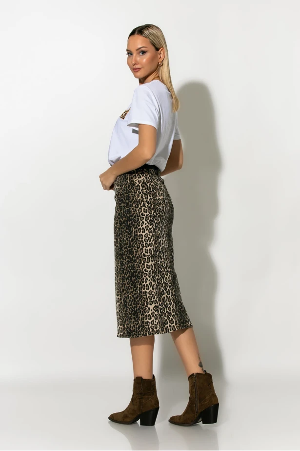 Jean φούστα μίντι leopard print μπεζ