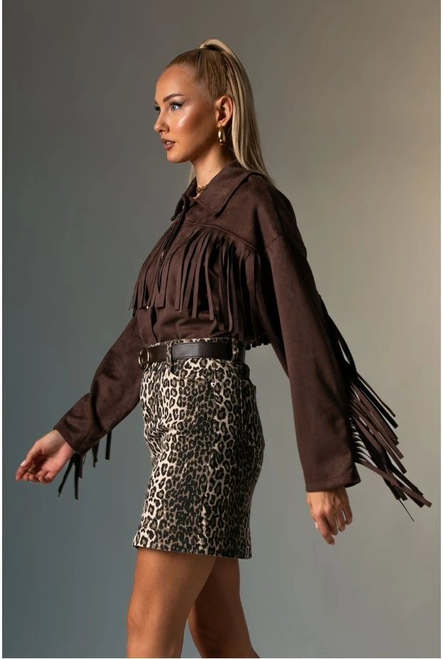 Jean φούστα μίνι leopard print μπεζ