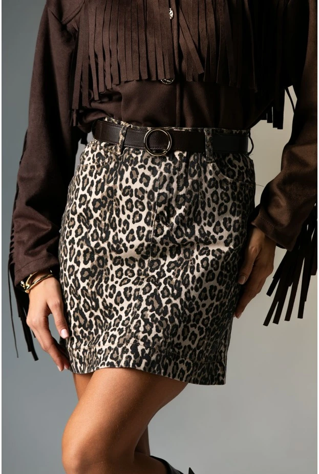 Jean φούστα μίνι leopard print μπεζ