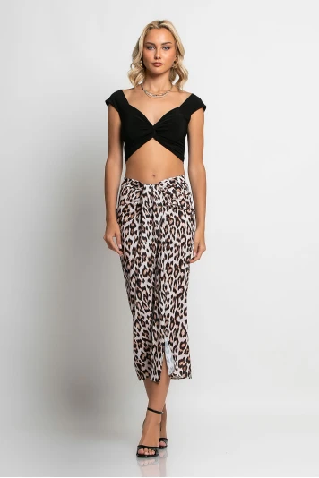 Φούστα μίντι τύπου σατέν leopard print μπεζ