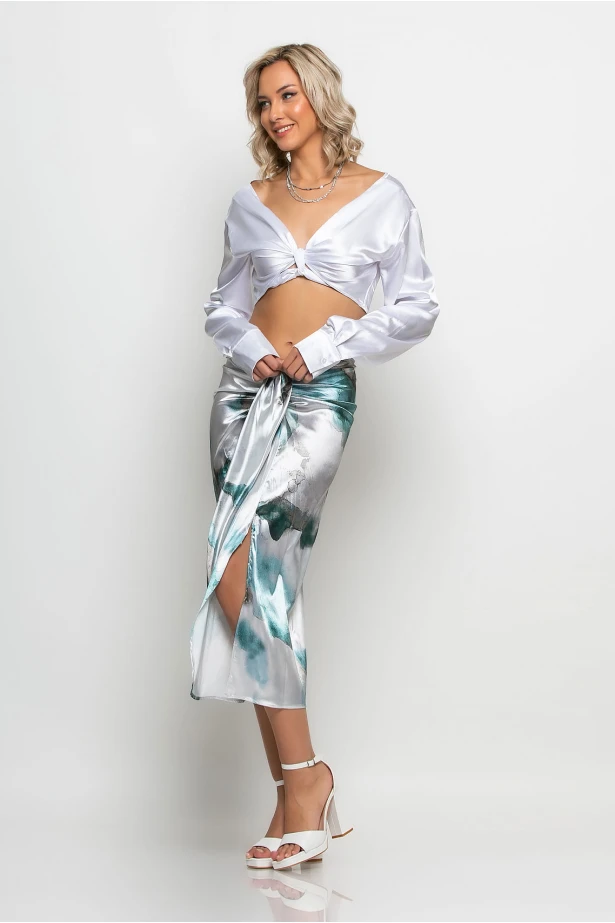 Φούστα μίντι τύπου σατέν tie dye print πετρόλ Φούστα μίντι τύπου σατέν tie dye print πετρόλ