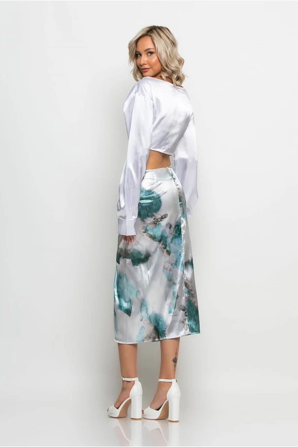 Φούστα μίντι τύπου σατέν tie dye print πετρόλ Φούστα μίντι τύπου σατέν tie dye print πετρόλ