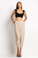 Cropped παντελόνι loose fit τύπου λινό με κουμπί κάτω μπεζ
