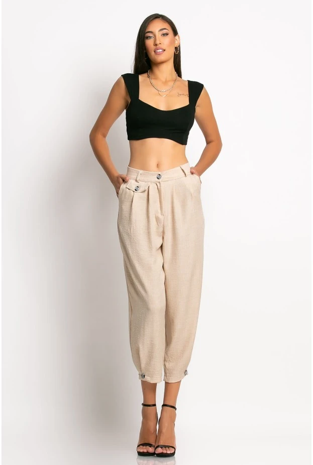 Cropped παντελόνι loose fit τύπου λινό με κουμπί κάτω μπεζ