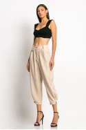 Cropped παντελόνι loose fit τύπου λινό με κουμπί κάτω μπεζ