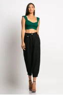Cropped παντελόνι loose fit τύπου λινό με κουμπί κάτω μαύρο