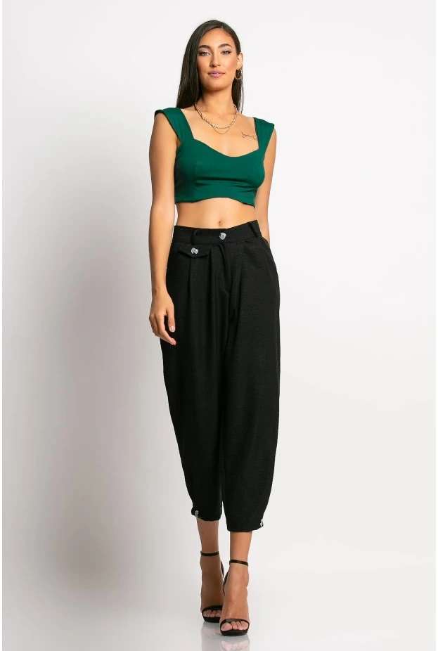Cropped παντελόνι loose fit τύπου λινό με κουμπί κάτω μαύρο