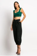 Cropped παντελόνι loose fit τύπου λινό με κουμπί κάτω μαύρο