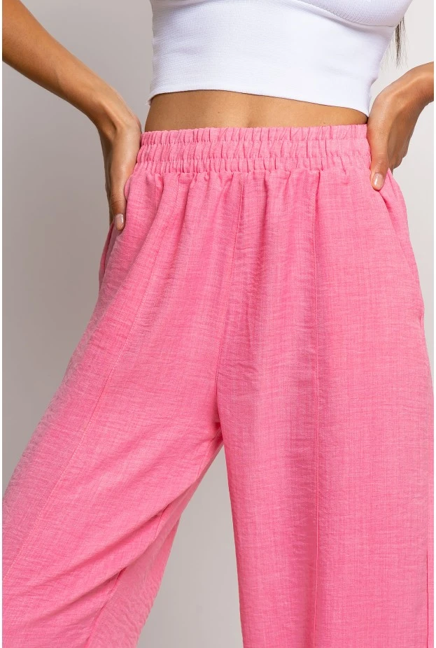 Cropped παντελόνι loose fit τύπου λινό ροζ