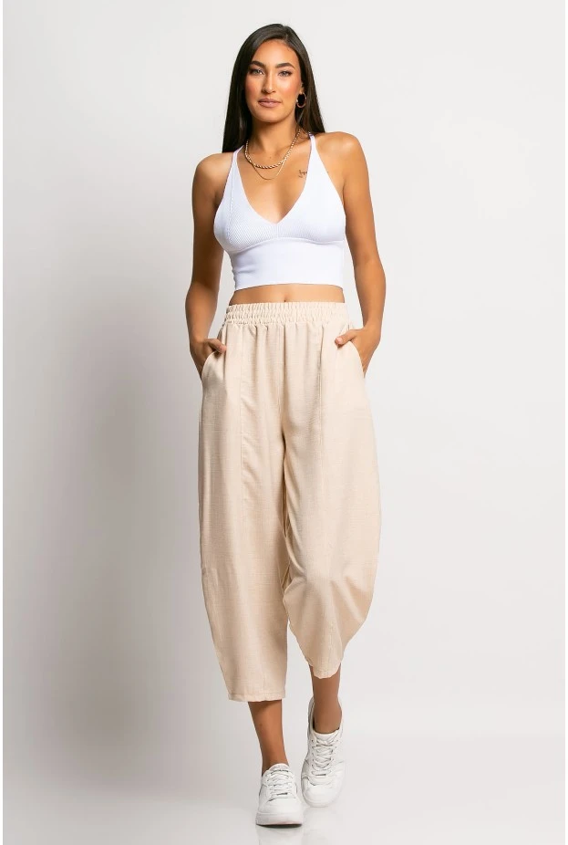 Cropped παντελόνι loose fit τύπου λινό μπεζ