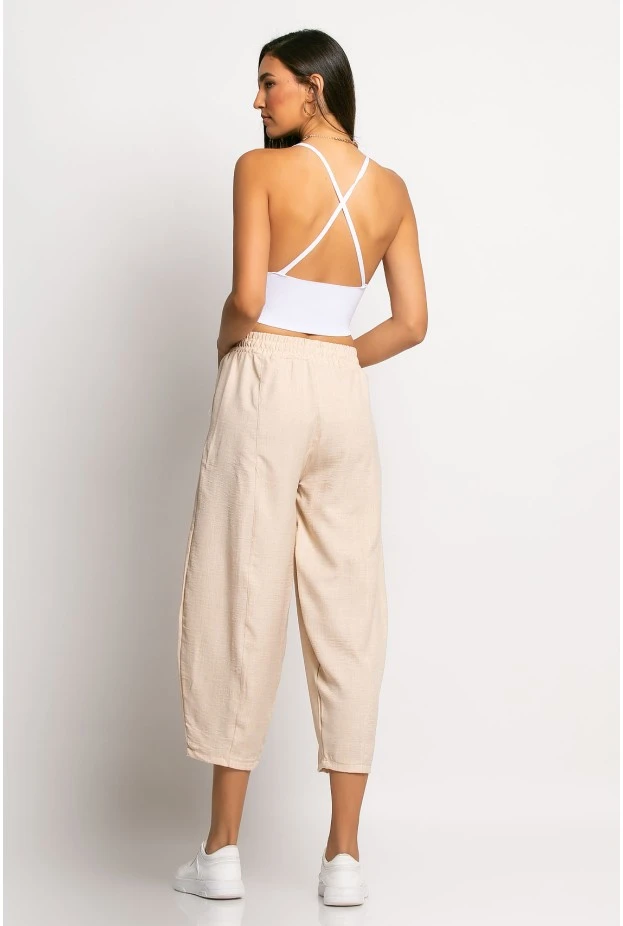 Cropped παντελόνι loose fit τύπου λινό μπεζ