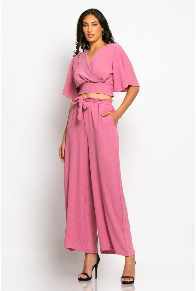 Σετ παντελόνα και cropped μπλούζα κρουαζέ dusty pink