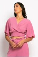 Σετ παντελόνα και cropped μπλούζα κρουαζέ dusty pink