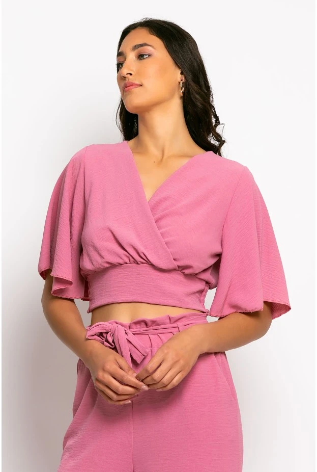 Σετ παντελόνα και cropped μπλούζα κρουαζέ dusty pink