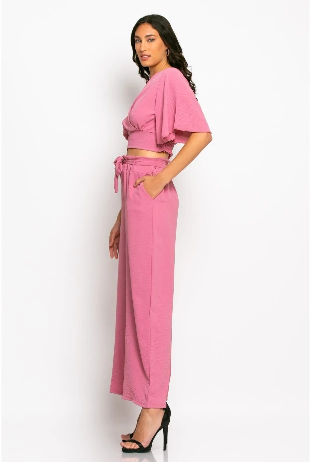 Σετ παντελόνα και cropped μπλούζα κρουαζέ dusty pink