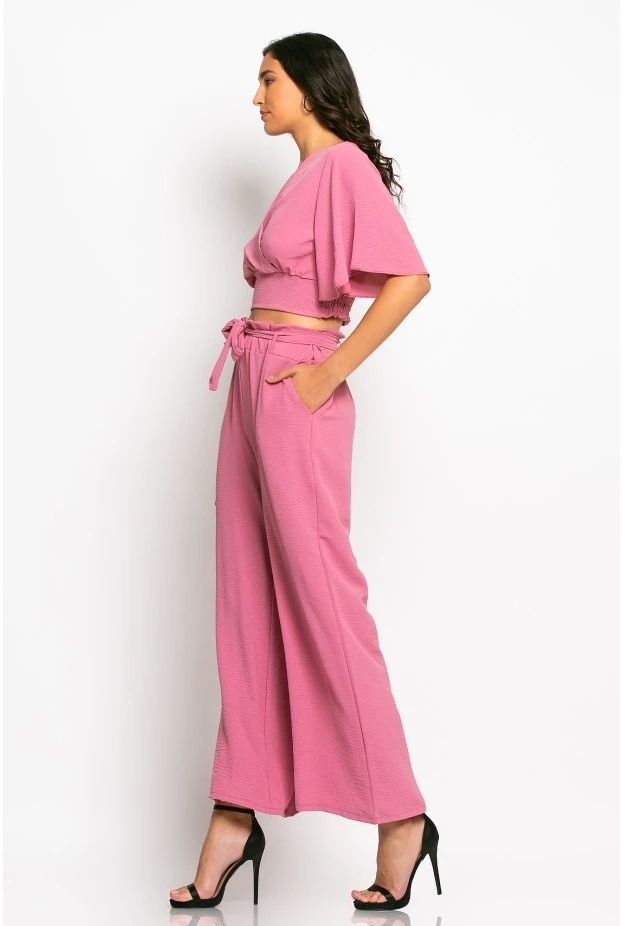 Σετ παντελόνα και cropped μπλούζα κρουαζέ dusty pink