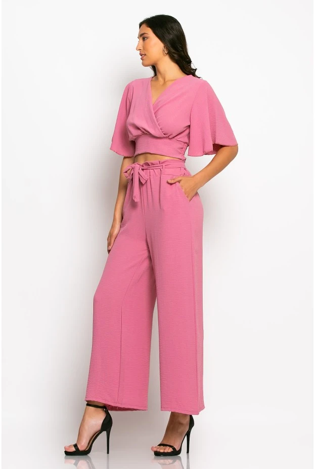 Σετ παντελόνα και cropped μπλούζα κρουαζέ dusty pink