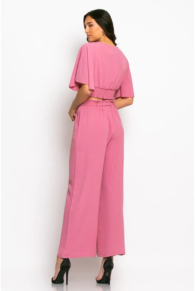 Σετ παντελόνα και cropped μπλούζα κρουαζέ dusty pink