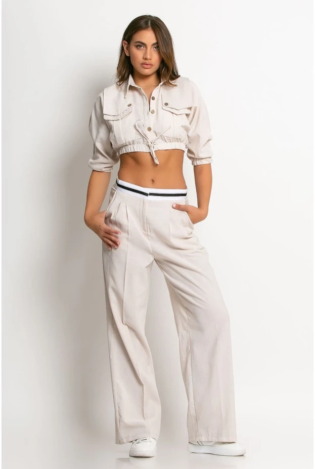 Σετ παντελόνι tailoring και cropped πουκάμισο μπεζ ανοιχτό