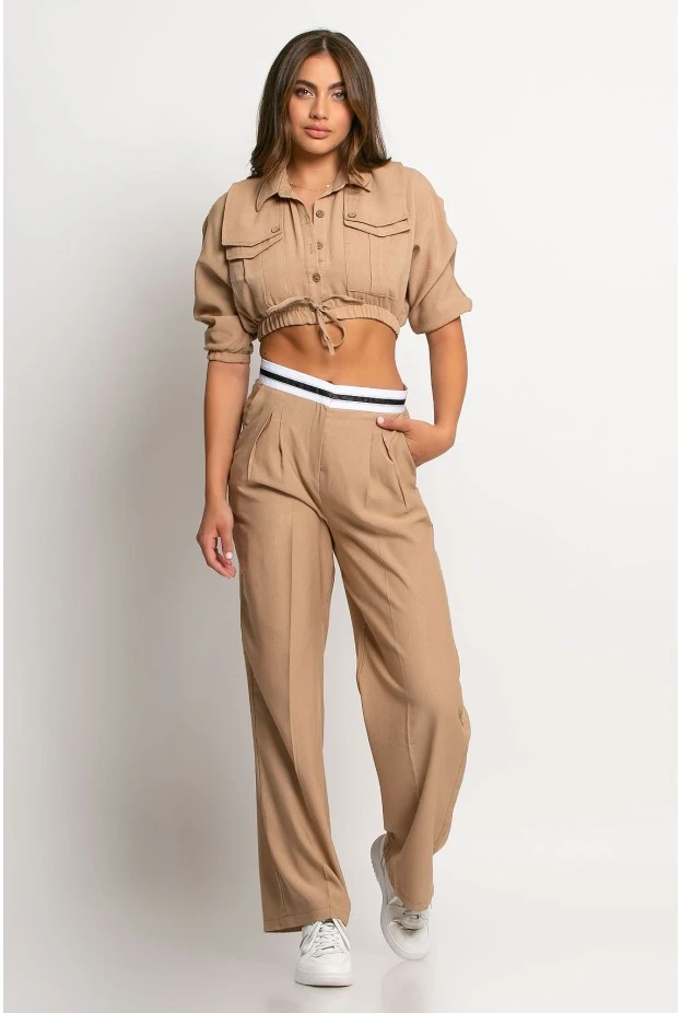 Σετ παντελόνι tailoring και cropped πουκάμισο μπεζ σκούρο