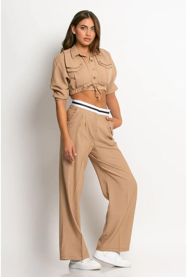 Σετ παντελόνι tailoring και cropped πουκάμισο μπεζ σκούρο