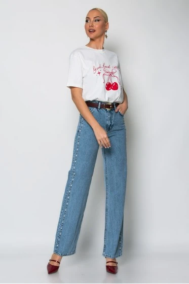 Jean straight leg με πέρλες στο πλάι μπλε