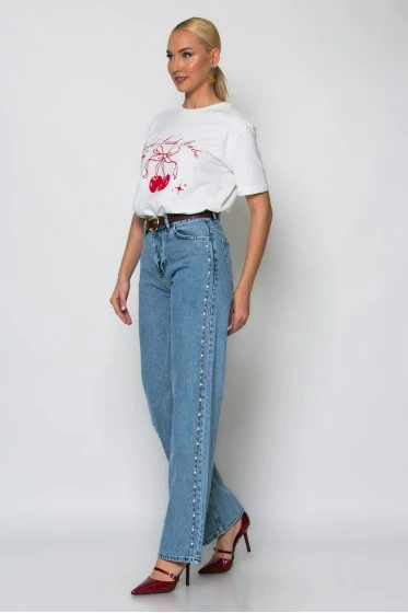 Jean straight leg με πέρλες στο πλάι μπλε