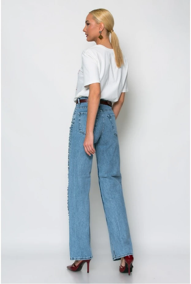 Jean straight leg με πέρλες στο πλάι μπλε