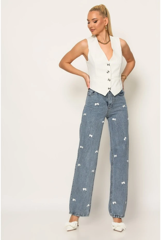 Jean straight leg με φιογκάκια μπλε