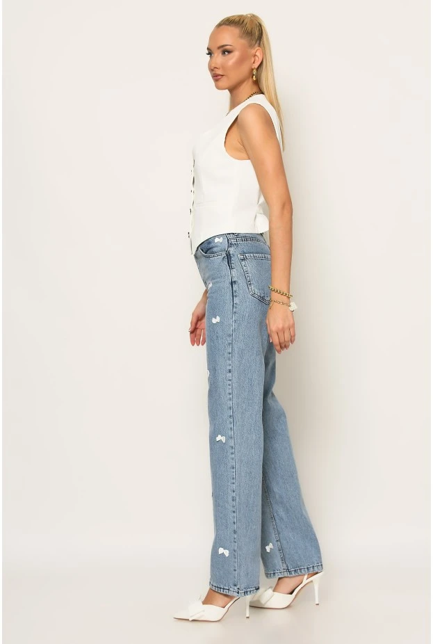 Jean straight leg με φιογκάκια μπλε