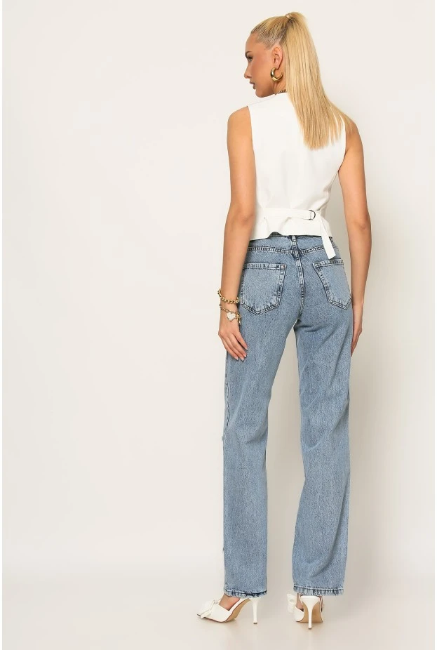 Jean straight leg με φιογκάκια μπλε