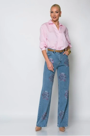 Jean straight leg flower strass μπλε