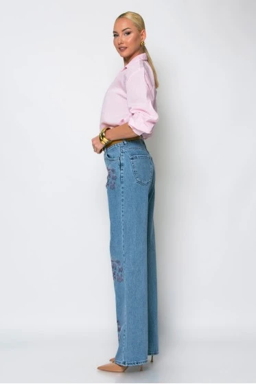 Jean straight leg flower strass μπλε