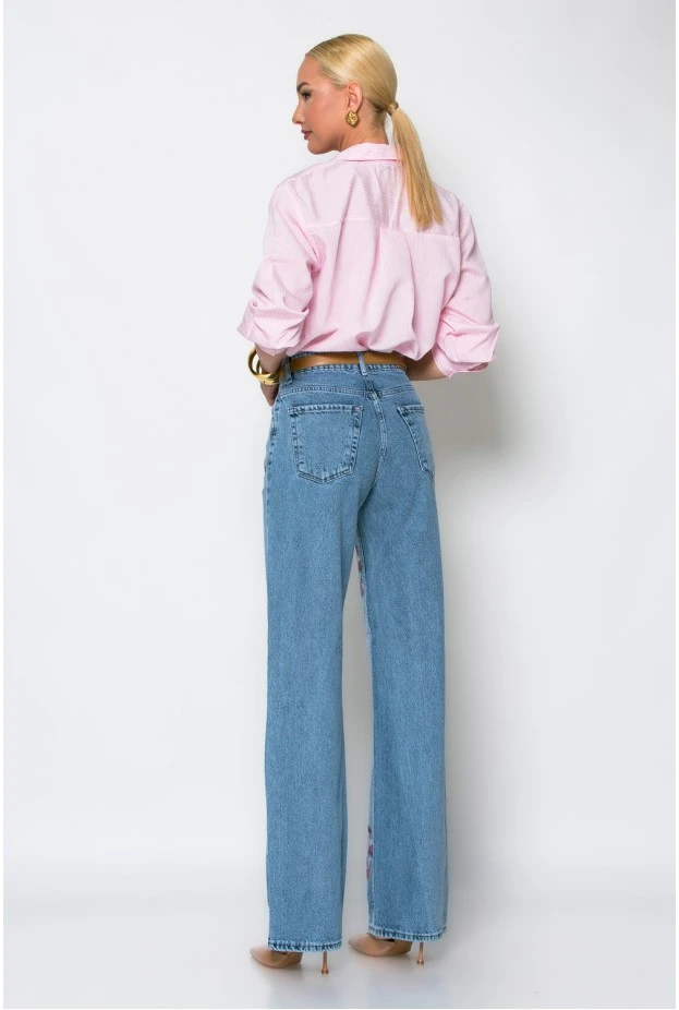 Jean straight leg flower strass μπλε