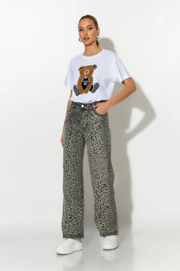Jean wide leg leopard print γκρι