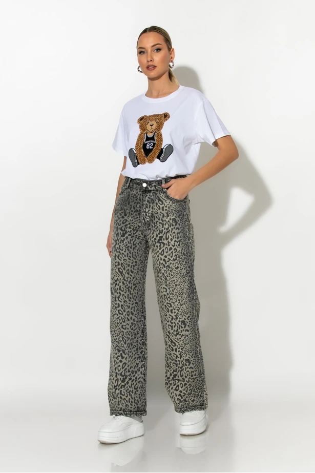 Jean wide leg leopard print γκρι