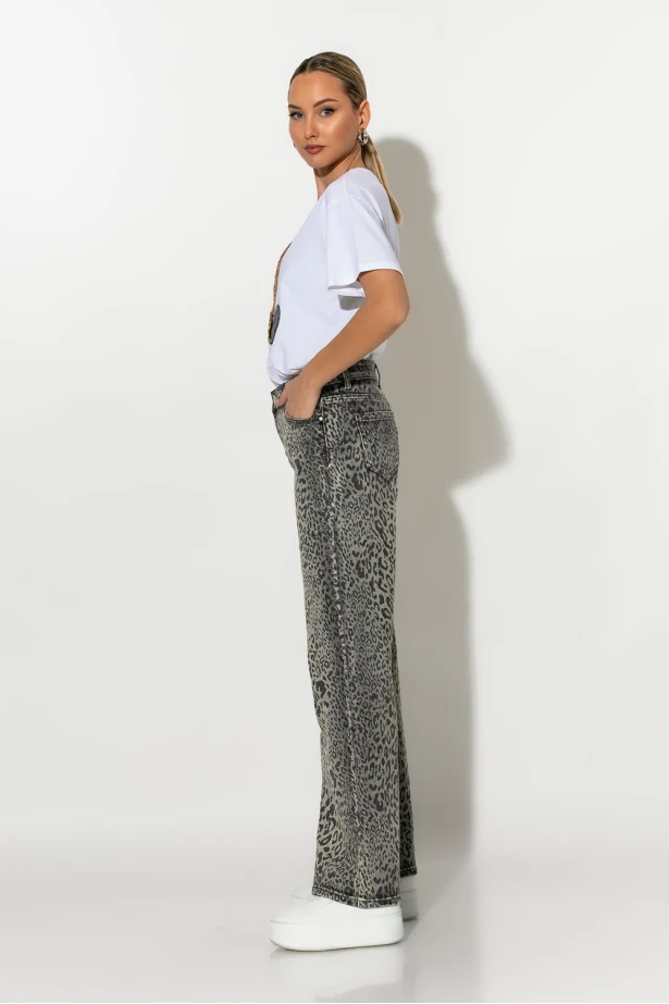 Jean wide leg leopard print γκρι