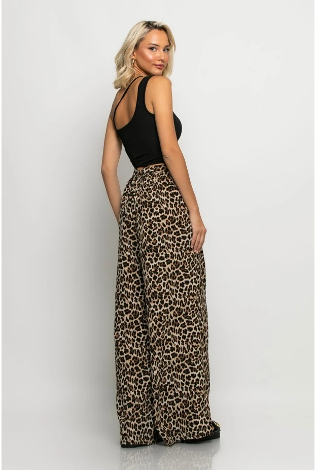 Παντελόνα με ζωνάκι και λάστιχο στην μέση leopard print μπεζ ανοιχτό
