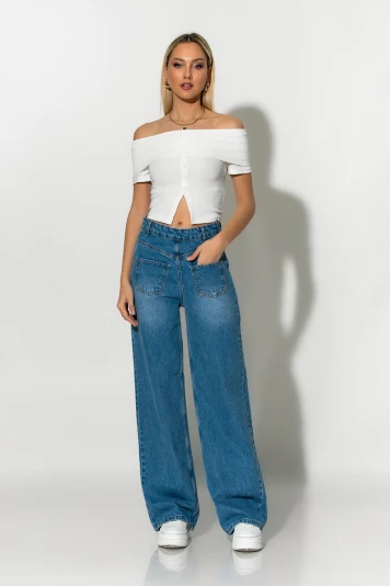 Jean wide leg με λεπτομέρεια τσέπες μπροστά μπλε