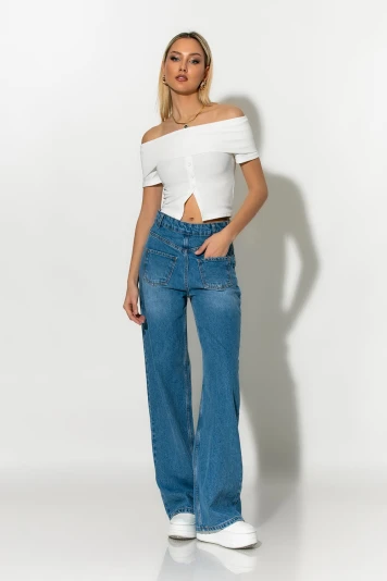 Jean wide leg με λεπτομέρεια τσέπες μπροστά μπλε