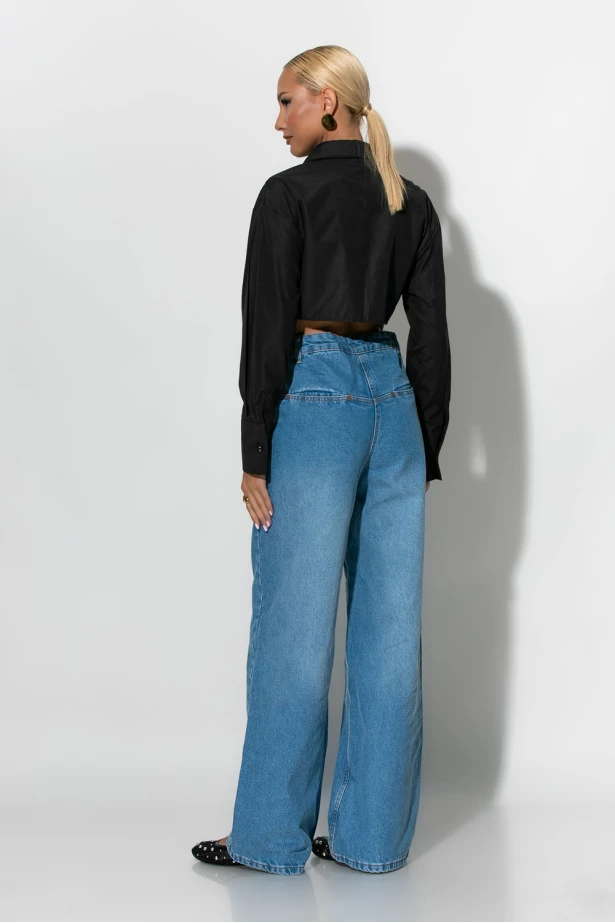 Jean wide leg με λεπτομέρεια τσέπες μπροστά μπλε