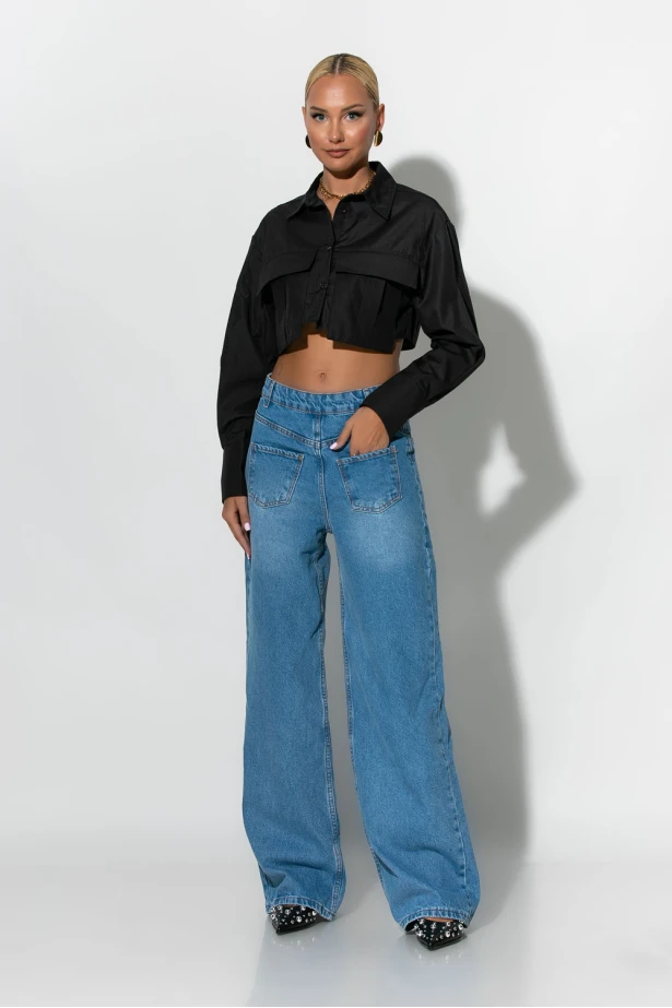 Jean wide leg με λεπτομέρεια τσέπες μπροστά μπλε