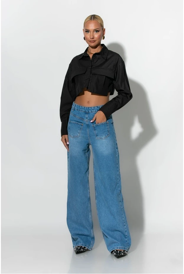 Jean wide leg με λεπτομέρεια τσέπες μπροστά μπλε