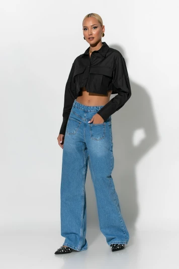 Jean wide leg με λεπτομέρεια τσέπες μπροστά μπλε