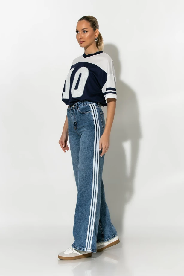 Jean wide leg με ρίγες στο πλαί μπλε