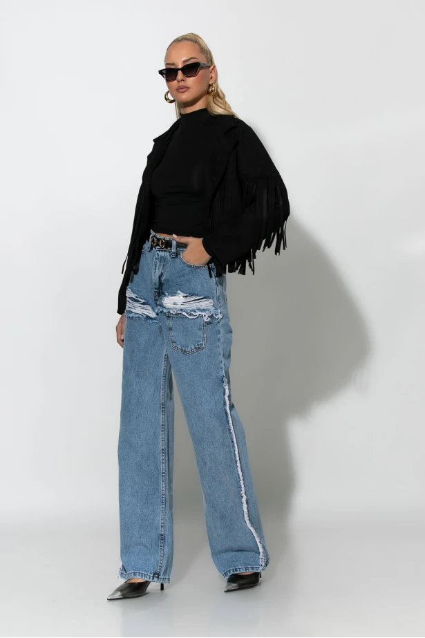 Jean straight leg distressed μπλε