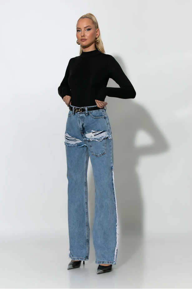 Jean straight leg distressed μπλε